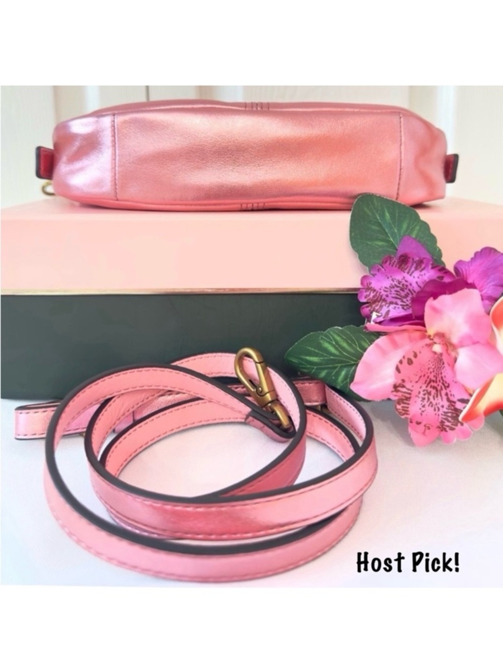 #74 FOSSIL ~ Metallic Pink Leather Shoulder Bag w/Crossbody Strap Gray Lining